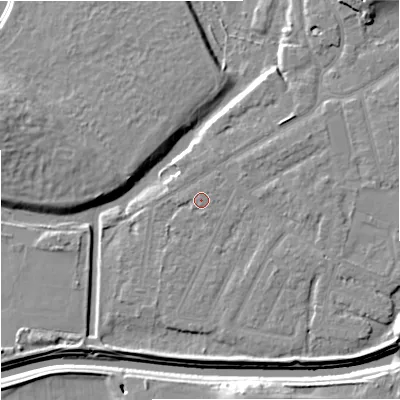 Shaded relief map of the ground around M205QN, computed from Environment Agency LiDAR. The ground here sits at about 32 m above sea level and falls 14 m across the surrounding 800 m. Surface water reaching this point runs off ground lying to the east, 2.4 m higher.