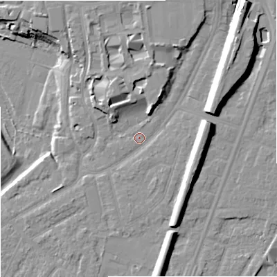 Shaded relief map of the ground around M205QQ, computed from Environment Agency LiDAR. The ground here sits at about 34 m above sea level and falls 17 m across the surrounding 800 m. Surface water reaching this point runs off ground lying to the north-east, 10.8 m higher.