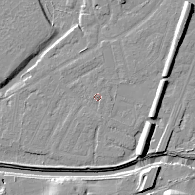 Shaded relief map of the ground around M205QR, computed from Environment Agency LiDAR. The ground here sits at about 34 m above sea level and falls 17 m across the surrounding 800 m. Surface water reaching this point runs off ground lying to the west, 1.1 m higher.
