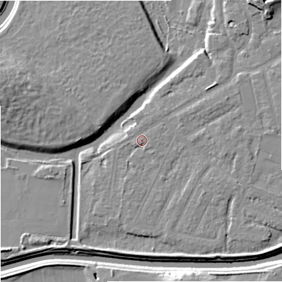 Shaded relief map of the ground around M205QS, computed from Environment Agency LiDAR. The ground here sits at about 32 m above sea level and falls 14 m across the surrounding 800 m. Surface water reaching this point runs off ground lying to the east, 2.5 m higher.