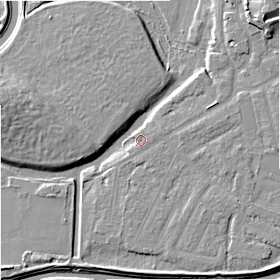 Shaded relief map of the ground around M205QT, computed from Environment Agency LiDAR. The ground here sits at about 32 m above sea level and falls 13 m across the surrounding 800 m. Surface water reaching this point runs off ground lying to the south-east, 2.9 m higher.
