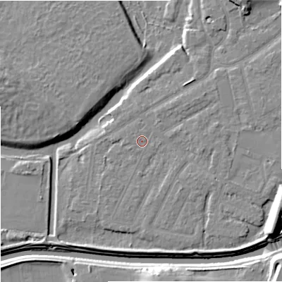 Shaded relief map of the ground around M205QU, computed from Environment Agency LiDAR. The ground here sits at about 32 m above sea level and falls 14 m across the surrounding 800 m. Surface water reaching this point runs off ground lying to the west-south-west, 0.6 m higher.