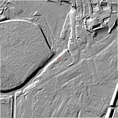 Shaded relief map of the ground around M205QW, computed from Environment Agency LiDAR. The ground here sits at about 33 m above sea level and falls 13 m across the surrounding 800 m. Surface water reaching this point runs off ground lying to the east-south-east, 2.2 m higher.