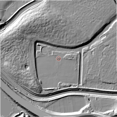Shaded relief map of the ground around M205QX, computed from Environment Agency LiDAR. The ground here sits at about 31 m above sea level and falls 15 m across the surrounding 800 m. Surface water reaching this point runs off ground lying to the south-south-west, 4.4 m higher.
