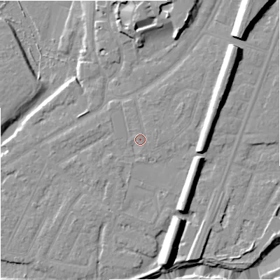 Shaded relief map of the ground around M205WF, computed from Environment Agency LiDAR. The ground here sits at about 34 m above sea level and falls 15 m across the surrounding 800 m. Surface water reaching this point runs off ground lying to the east-north-east, 1.4 m higher.
