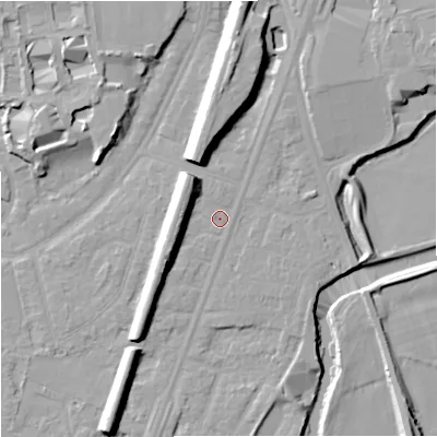 Shaded relief map of the ground around M205WG, computed from Environment Agency LiDAR. The ground here sits at about 35 m above sea level and falls 14 m across the surrounding 800 m. Surface water reaching this point runs off ground lying to the north, 9.9 m higher.