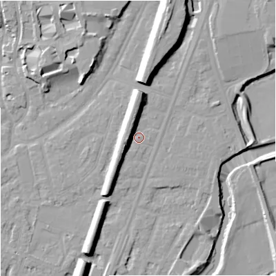 Shaded relief map of the ground around M205WL, computed from Environment Agency LiDAR. The ground here sits at about 35 m above sea level and falls 14 m across the surrounding 800 m. Surface water reaching this point runs off ground lying to the north-north-west, 7.0 m higher.