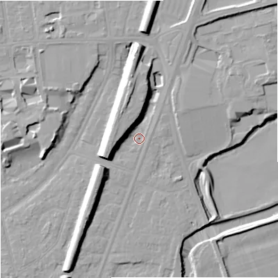 Shaded relief map of the ground around M205WQ, computed from Environment Agency LiDAR. The ground here sits at about 35 m above sea level and falls 14 m across the surrounding 800 m. Surface water reaching this point runs off ground lying to the north, 9.9 m higher.