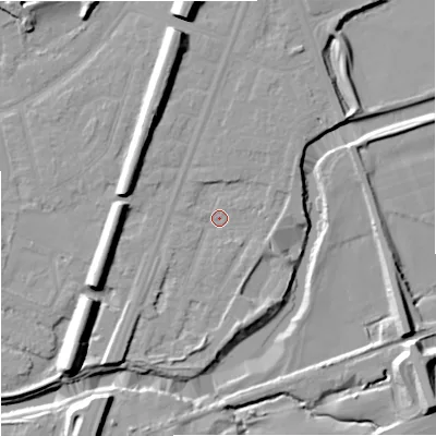 Shaded relief map of the ground around M205WS, computed from Environment Agency LiDAR. The ground here sits at about 34 m above sea level and falls 14 m across the surrounding 800 m. Surface water reaching this point runs off ground lying to the south-west, 4.3 m higher.