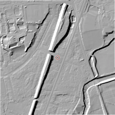 Shaded relief map of the ground around M205WU, computed from Environment Agency LiDAR. The ground here sits at about 35 m above sea level and falls 14 m across the surrounding 800 m. Surface water reaching this point runs off ground lying to the north, 9.9 m higher.