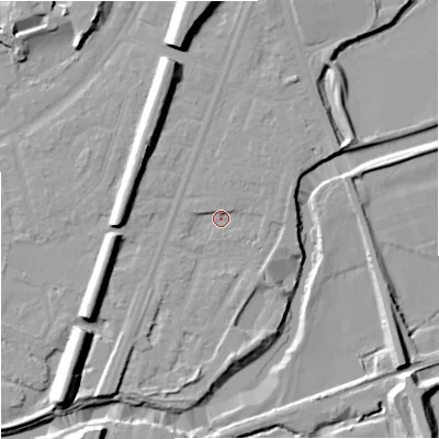 Shaded relief map of the ground around M205WW, computed from Environment Agency LiDAR. The ground here sits at about 33 m above sea level and falls 14 m across the surrounding 800 m. Surface water reaching this point runs off ground lying to the north-north-east, 4.3 m higher.
