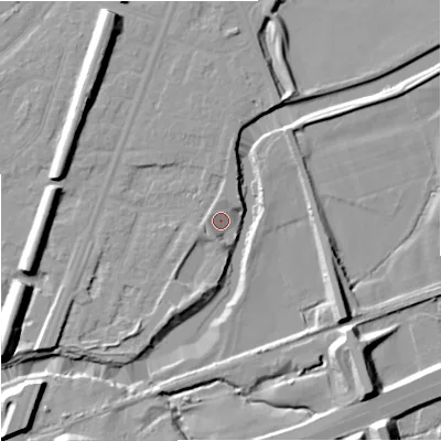 Shaded relief map of the ground around M205WZ, computed from Environment Agency LiDAR. The ground here sits at about 34 m above sea level and falls 13 m across the surrounding 800 m. Surface water reaching this point runs off ground lying to the west-north-west, 3.0 m higher.