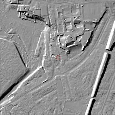 Shaded relief map of the ground around M208SB, computed from Environment Agency LiDAR. The ground here sits at about 34 m above sea level and falls 16 m across the surrounding 800 m. Surface water reaching this point runs off ground lying to the north-north-east, 4.9 m higher.