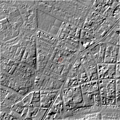 Shaded relief map of the ground around M209EZ, computed from Environment Agency LiDAR. The ground here sits at about 36 m above sea level and falls 6 m across the surrounding 800 m. Surface water reaching this point runs off ground lying to the north, 1.2 m higher.
