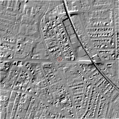 Shaded relief map of the ground around M210AG, computed from Environment Agency LiDAR. The ground here sits at about 28 m above sea level and falls 6 m across the surrounding 800 m. Surface water reaching this point runs off ground lying to the east, 4.5 m higher.