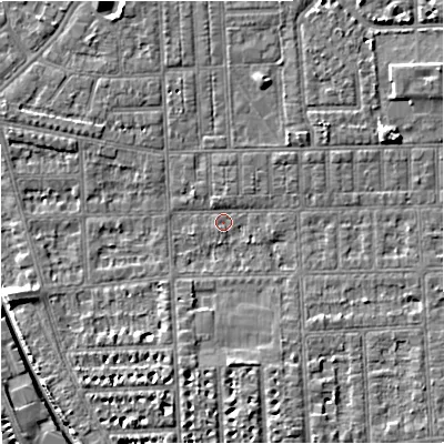 Shaded relief map of the ground around M210GY, computed from Environment Agency LiDAR. The ground here sits at about 28 m above sea level and falls 6 m across the surrounding 800 m. Surface water reaching this point runs off ground lying to the north-east, 1.6 m higher.