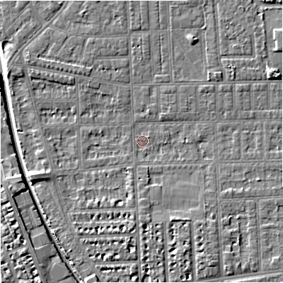 Shaded relief map of the ground around M210QY, computed from Environment Agency LiDAR. The ground here sits at about 28 m above sea level and falls 7 m across the surrounding 800 m. Surface water reaching this point runs off ground lying to the east-north-east, 4.1 m higher.