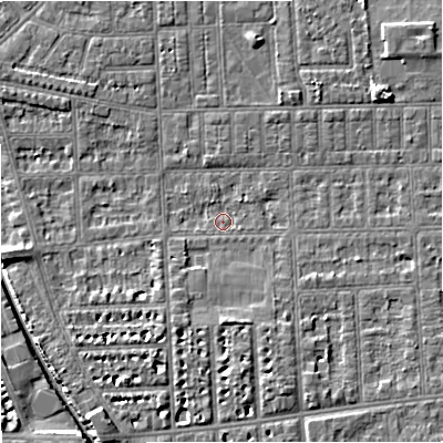 Shaded relief map of the ground around M210QZ, computed from Environment Agency LiDAR. The ground here sits at about 28 m above sea level and falls 6 m across the surrounding 800 m. Surface water reaching this point runs off ground lying to the north-east, 4.1 m higher.