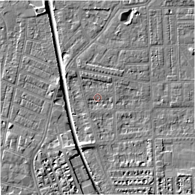 Shaded relief map of the ground around M210RH, computed from Environment Agency LiDAR. The ground here sits at about 28 m above sea level and falls 7 m across the surrounding 800 m. Surface water reaching this point runs off ground lying to the south-south-west, 3.8 m higher.