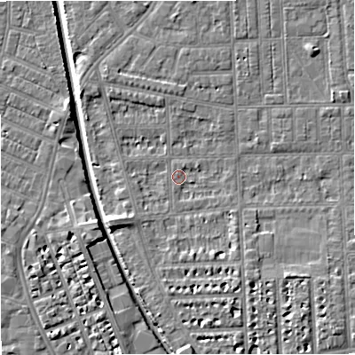 Shaded relief map of the ground around M210RJ, computed from Environment Agency LiDAR. The ground here sits at about 28 m above sea level and falls 7 m across the surrounding 800 m. Surface water reaching this point runs off ground lying to the west-south-west, 3.6 m higher.