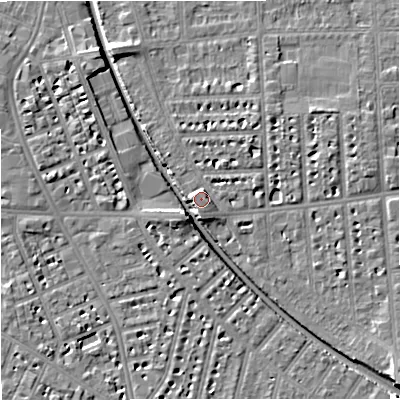 Shaded relief map of the ground around M210SA, computed from Environment Agency LiDAR. The ground here sits at about 30 m above sea level and falls 8 m across the surrounding 800 m. Surface water reaching this point runs off ground lying to the east-south-east, 1.8 m higher.