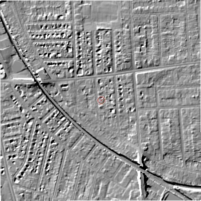 Shaded relief map of the ground around M210TE, computed from Environment Agency LiDAR. The ground here sits at about 29 m above sea level and falls 8 m across the surrounding 800 m. Surface water reaching this point runs off ground lying to the east-south-east, 1.6 m higher.