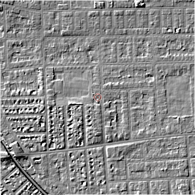 Shaded relief map of the ground around M210TJ, computed from Environment Agency LiDAR. The ground here sits at about 29 m above sea level and falls 6 m across the surrounding 800 m. Surface water reaching this point runs off ground lying to the south-south-west, 1.7 m higher.