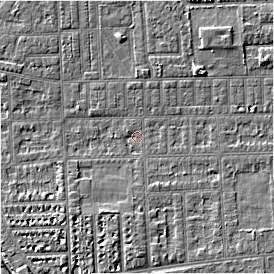 Shaded relief map of the ground around M210TN, computed from Environment Agency LiDAR. The ground here sits at about 28 m above sea level and falls 6 m across the surrounding 800 m. Surface water reaching this point runs off ground lying to the north-east, 3.9 m higher.