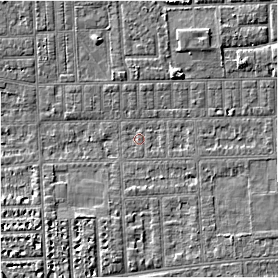 Shaded relief map of the ground around M210TQ, computed from Environment Agency LiDAR. The ground here sits at about 28 m above sea level and falls 4 m across the surrounding 800 m. Surface water reaching this point runs off ground lying to the east-north-east, 2.1 m higher.