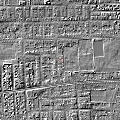 Shaded relief map of the ground around M210UR, computed from Environment Agency LiDAR. The ground here sits at about 29 m above sea level and falls 4 m across the surrounding 800 m. Surface water reaching this point runs off ground lying to the south-south-east, 1.9 m higher.