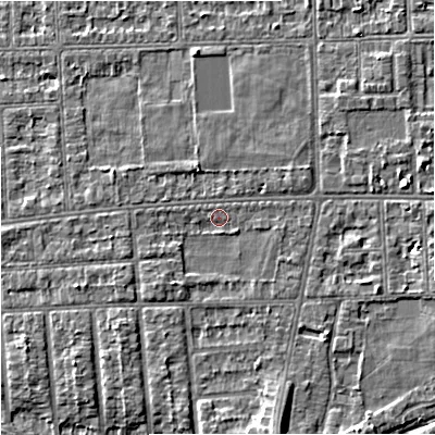 Shaded relief map of the ground around M210UT, computed from Environment Agency LiDAR. The ground here sits at about 30 m above sea level and falls 5 m across the surrounding 800 m. Surface water reaching this point runs off ground lying to the south-south-east, 3.8 m higher.