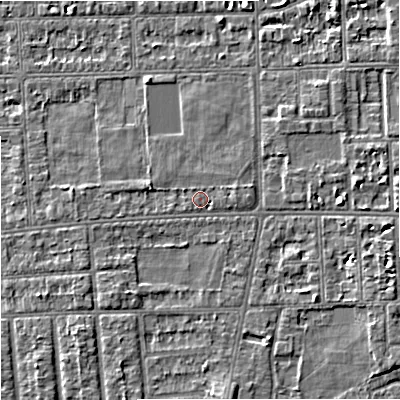 Shaded relief map of the ground around M210UU, computed from Environment Agency LiDAR. The ground here sits at about 30 m above sea level and falls 4 m across the surrounding 800 m. The ground contributing surface water to this point lies to the north-north-east.