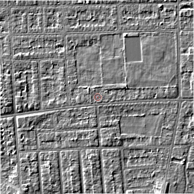 Shaded relief map of the ground around M210UX, computed from Environment Agency LiDAR. The ground here sits at about 30 m above sea level and falls 4 m across the surrounding 800 m. Surface water reaching this point runs off ground lying to the south-east, 2.6 m higher.