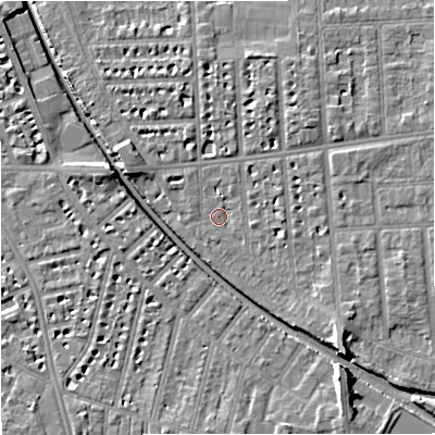 Shaded relief map of the ground around M210XJ, computed from Environment Agency LiDAR. The ground here sits at about 28 m above sea level and falls 8 m across the surrounding 800 m. Surface water reaching this point runs off ground lying to the north-east, 3.5 m higher.