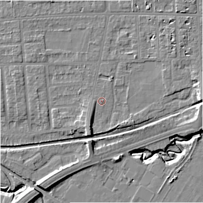 Shaded relief map of the ground around M210YA, computed from Environment Agency LiDAR. The ground here sits at about 30 m above sea level and falls 11 m across the surrounding 800 m. Surface water reaching this point runs off ground lying to the south-south-west, 4.4 m higher.