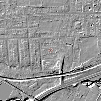 Shaded relief map of the ground around M210YG, computed from Environment Agency LiDAR. The ground here sits at about 30 m above sea level and falls 11 m across the surrounding 800 m. Surface water reaching this point runs off ground lying to the south-south-east, 4.2 m higher.