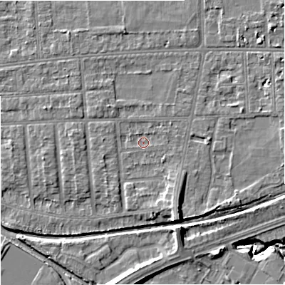 Shaded relief map of the ground around M210YR, computed from Environment Agency LiDAR. The ground here sits at about 29 m above sea level and falls 10 m across the surrounding 800 m. Surface water reaching this point runs off ground lying to the south-south-east, 4.5 m higher.