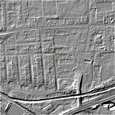 Shaded relief map of the ground around M210YT, computed from Environment Agency LiDAR. The ground here sits at about 30 m above sea level and falls 9 m across the surrounding 800 m. Surface water reaching this point runs off ground lying to the south-south-east, 4.5 m higher.