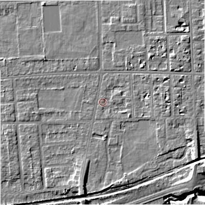 Shaded relief map of the ground around M210ZA, computed from Environment Agency LiDAR. The ground here sits at about 30 m above sea level and falls 9 m across the surrounding 800 m. Surface water reaching this point runs off ground lying to the east-south-east, 1.8 m higher.