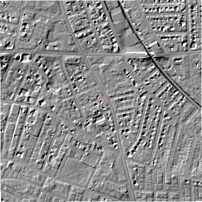 Shaded relief map of the ground around M212AN, computed from Environment Agency LiDAR. The ground here sits at about 28 m above sea level and falls 6 m across the surrounding 800 m. Surface water reaching this point runs off ground lying to the south-south-east, 3.1 m higher.