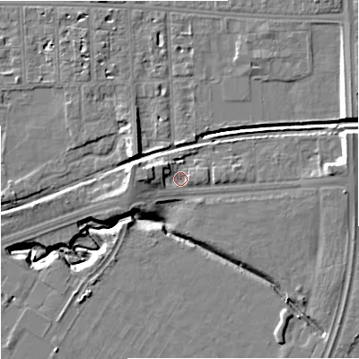 Shaded relief map of the ground around M212RF, computed from Environment Agency LiDAR. The ground here sits at about 31 m above sea level and falls 12 m across the surrounding 800 m. Surface water reaching this point runs off ground lying to the east-north-east, 6.2 m higher.