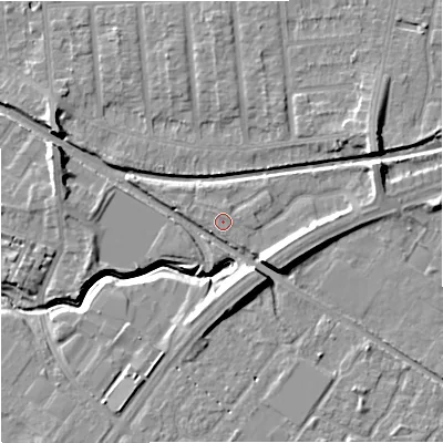 Shaded relief map of the ground around M217BD, computed from Environment Agency LiDAR. The ground here sits at about 30 m above sea level and falls 11 m across the surrounding 800 m. The ground contributing surface water to this point lies to the north-north-east.