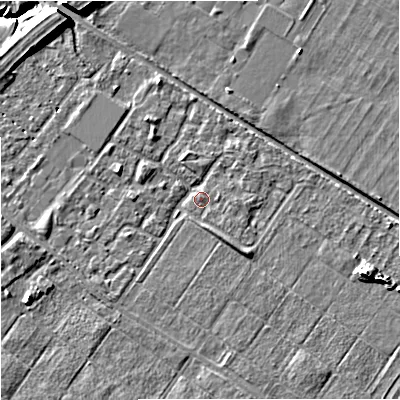 Shaded relief map of the ground around M217GF, computed from Environment Agency LiDAR. The ground here sits at about 30 m above sea level and falls 11 m across the surrounding 800 m. Surface water reaching this point runs off ground lying to the south-east, 2.4 m higher.
