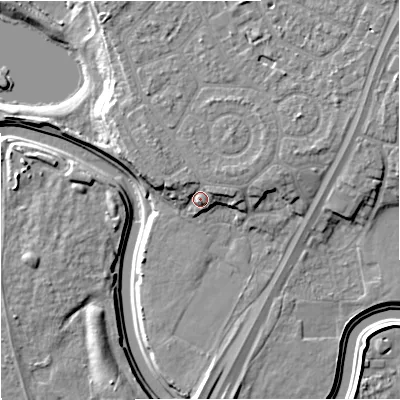 Shaded relief map of the ground around M217PT, computed from Environment Agency LiDAR. The ground here sits at about 32 m above sea level and falls 11 m across the surrounding 800 m. Surface water reaching this point runs off ground lying to the north-east, 3.4 m higher.