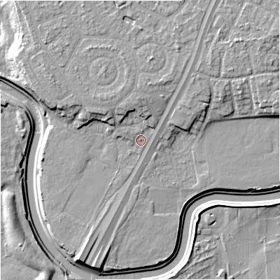 Shaded relief map of the ground around M217PX, computed from Environment Agency LiDAR. The ground here sits at about 30 m above sea level and falls 11 m across the surrounding 800 m. Surface water reaching this point runs off ground lying to the north-north-east, 4.6 m higher.