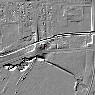 Shaded relief map of the ground around M217RF, computed from Environment Agency LiDAR. The ground here sits at about 31 m above sea level and falls 12 m across the surrounding 800 m. Surface water reaching this point runs off ground lying to the east-north-east, 6.2 m higher.
