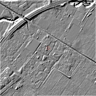 Shaded relief map of the ground around M217RG, computed from Environment Agency LiDAR. The ground here sits at about 30 m above sea level and falls 11 m across the surrounding 800 m. Surface water reaching this point runs off ground lying to the south-west, 1.2 m higher.