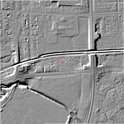 Shaded relief map of the ground around M217RJ, computed from Environment Agency LiDAR. The ground here sits at about 31 m above sea level and falls 11 m across the surrounding 800 m. Surface water reaching this point runs off ground lying to the east-north-east, 5.6 m higher.