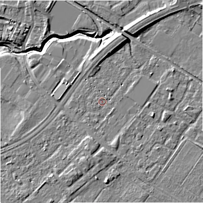 Shaded relief map of the ground around M217SG, computed from Environment Agency LiDAR. The ground here sits at about 29 m above sea level and falls 11 m across the surrounding 800 m. Surface water reaching this point runs off ground lying to the north-north-east, 5.0 m higher.