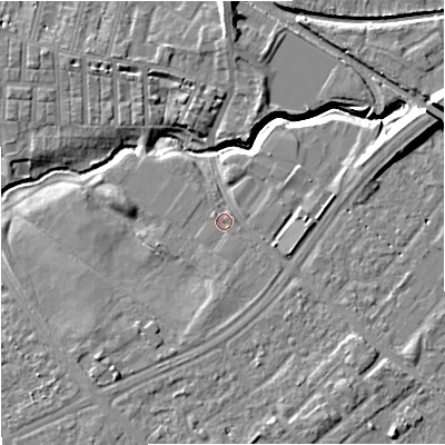 Shaded relief map of the ground around M217SJ, computed from Environment Agency LiDAR. The ground here sits at about 29 m above sea level and falls 11 m across the surrounding 800 m. Surface water reaching this point runs off ground lying to the east-north-east, 6.5 m higher.